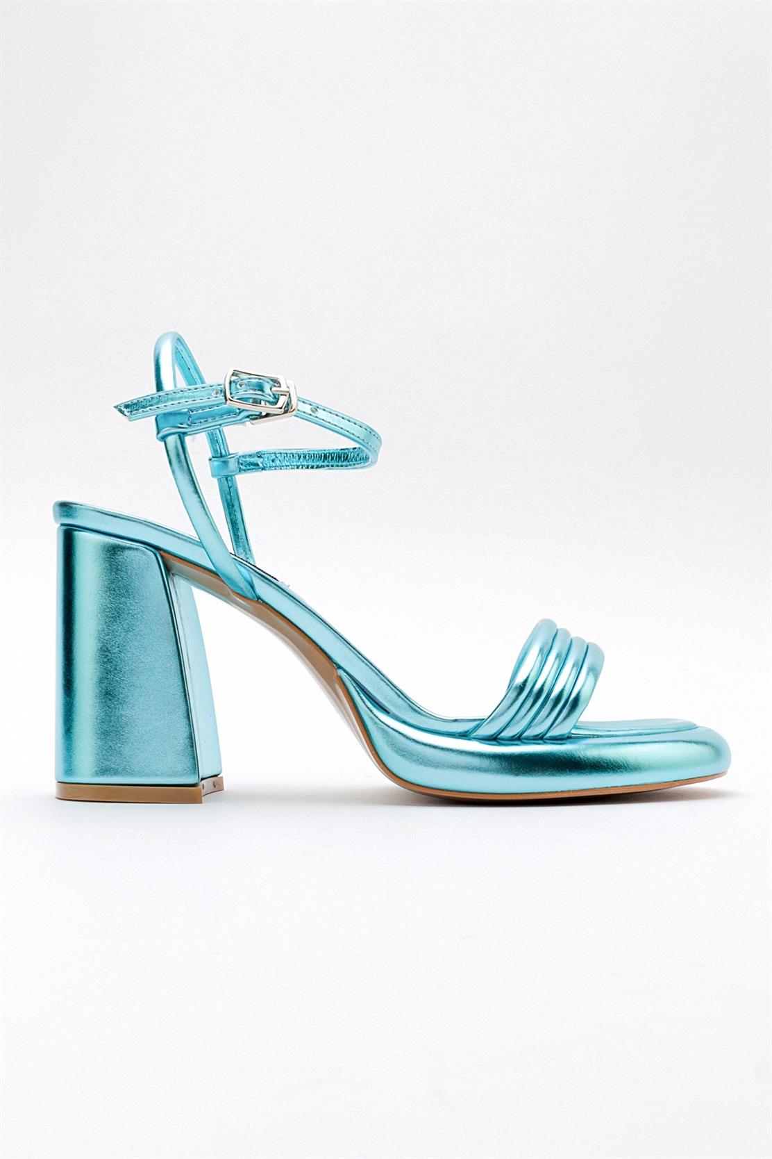 Posse - Baby Blue Metallic Heeled Shoe – sole view showing leather, metallic, blue, Vowalisse