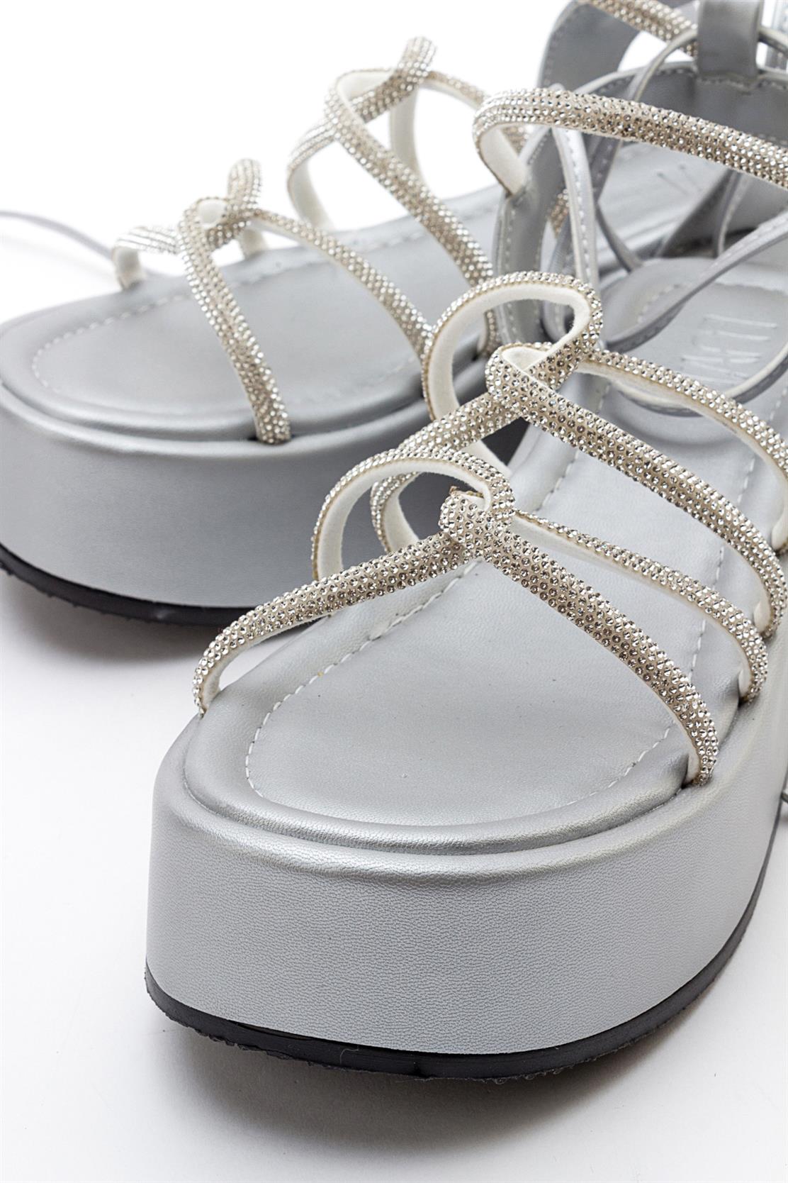 Titan - Gray Stone-Embellished Ankle-Tie Chunky Platform Sandal – side view showing leather, Vowalisse