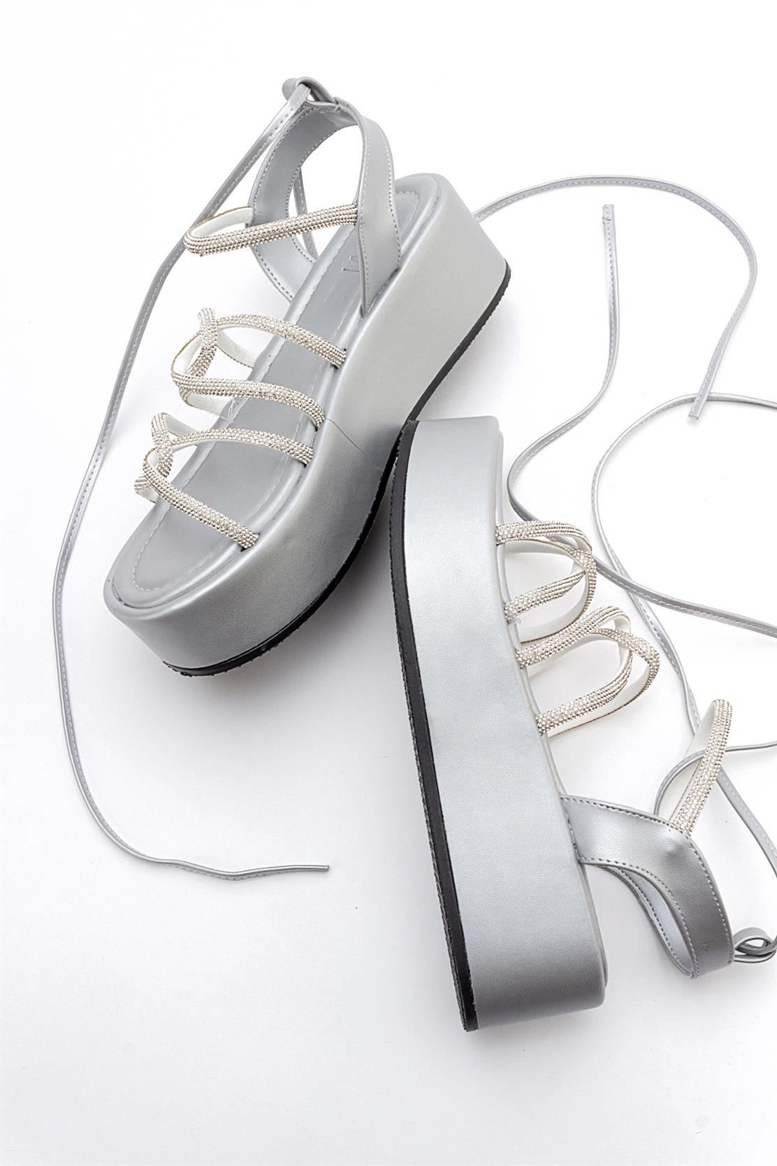 Titan - Gray Stone-Embellished Ankle-Tie Chunky Platform Sandal – heel view showing leather, Vowalisse