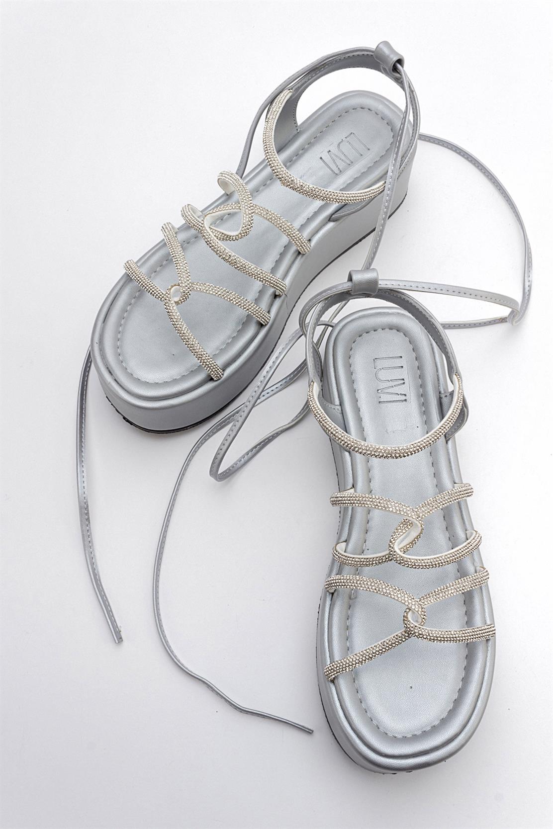 Titan - Gray Stone-Embellished Ankle-Tie Chunky Platform Sandal – back view showing leather, Vowalisse