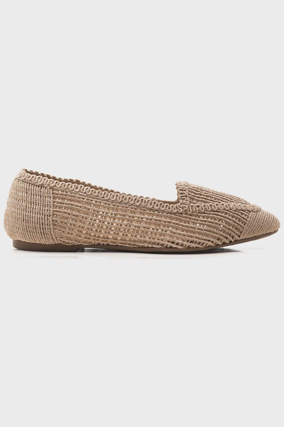 Mira Cream Beige Knit Ballet Flat – top view showing leather, Vowalisse