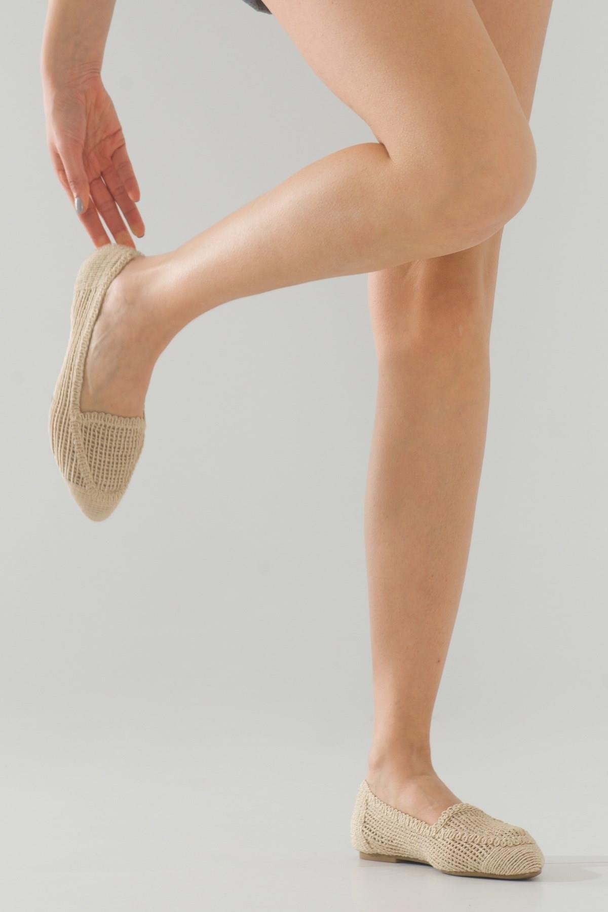 Mira Cream Beige Knit Ballet Flat – pair view showing leather, Vowalisse