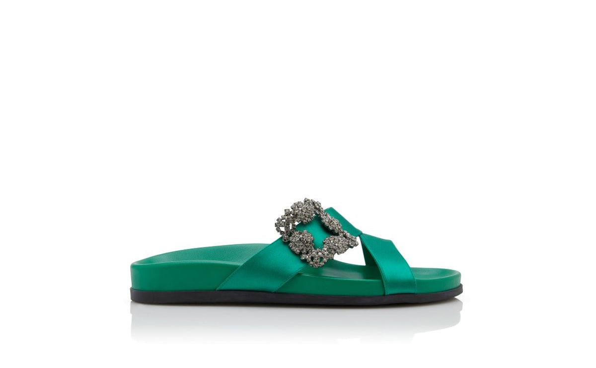 Adriana Jewel Green Jewel Buckle Mules – side profile showing green jewel buckle, crossover, open toe, satin, Vowalisse