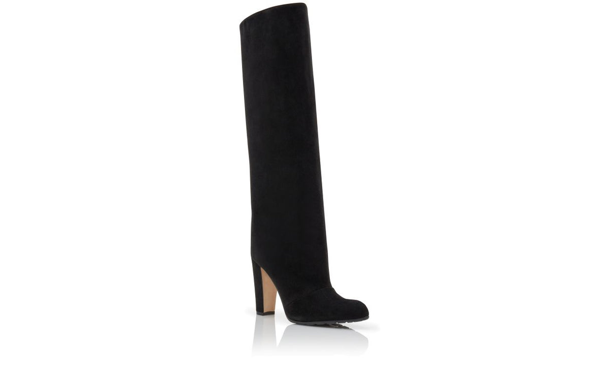 Seraphina Lace Black Round Toe Knee-High Boots – top view showing black round toe, suede, Vowalisse