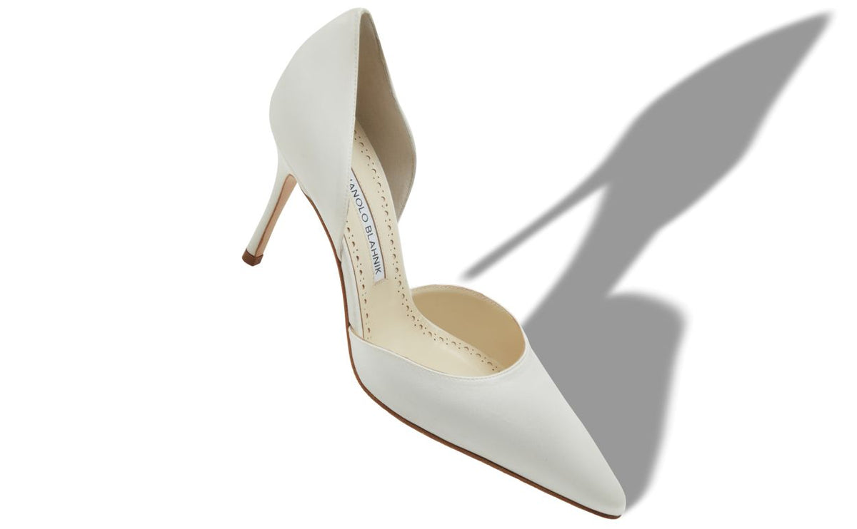 Clarisse Élan White Pointed Toe D’Orsay Pumps – front three-quarter view showing white pointed toe, satin, Vowalisse