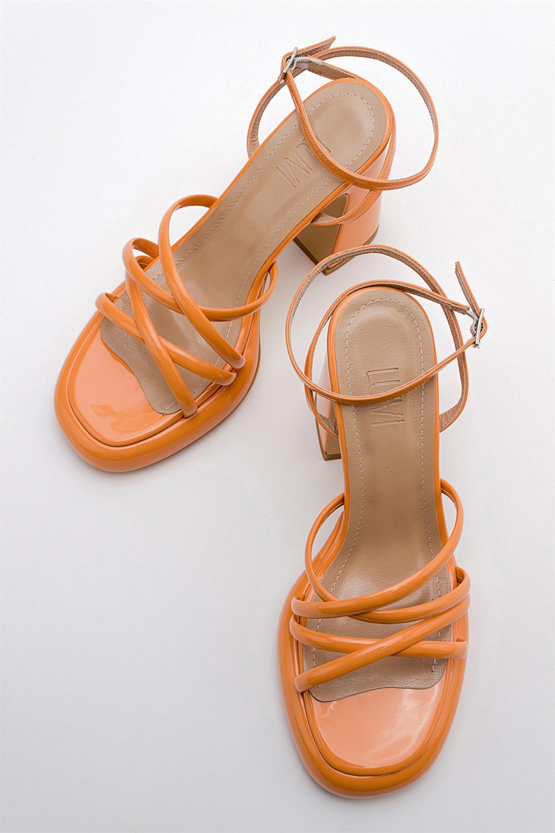 Oppe - Orange Patent Platform High-Heel Shoe – back view showing leather, Vowalisse