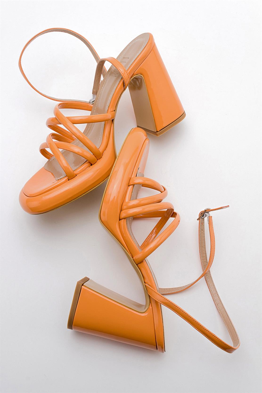 Oppe - Orange Patent Platform High-Heel Shoe – top view showing leather, Vowalisse