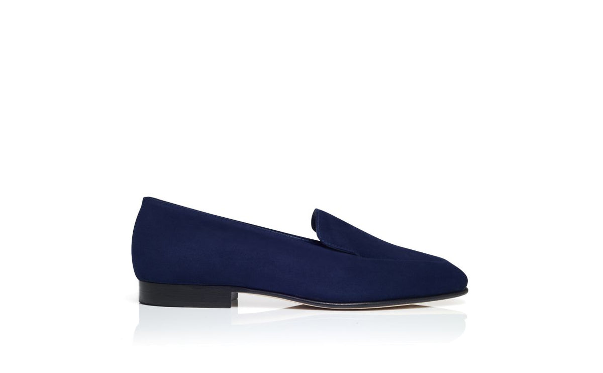 Lunette Halo Blue Round Toe Loafers – side profile showing blue round toe, suede, Vowalisse