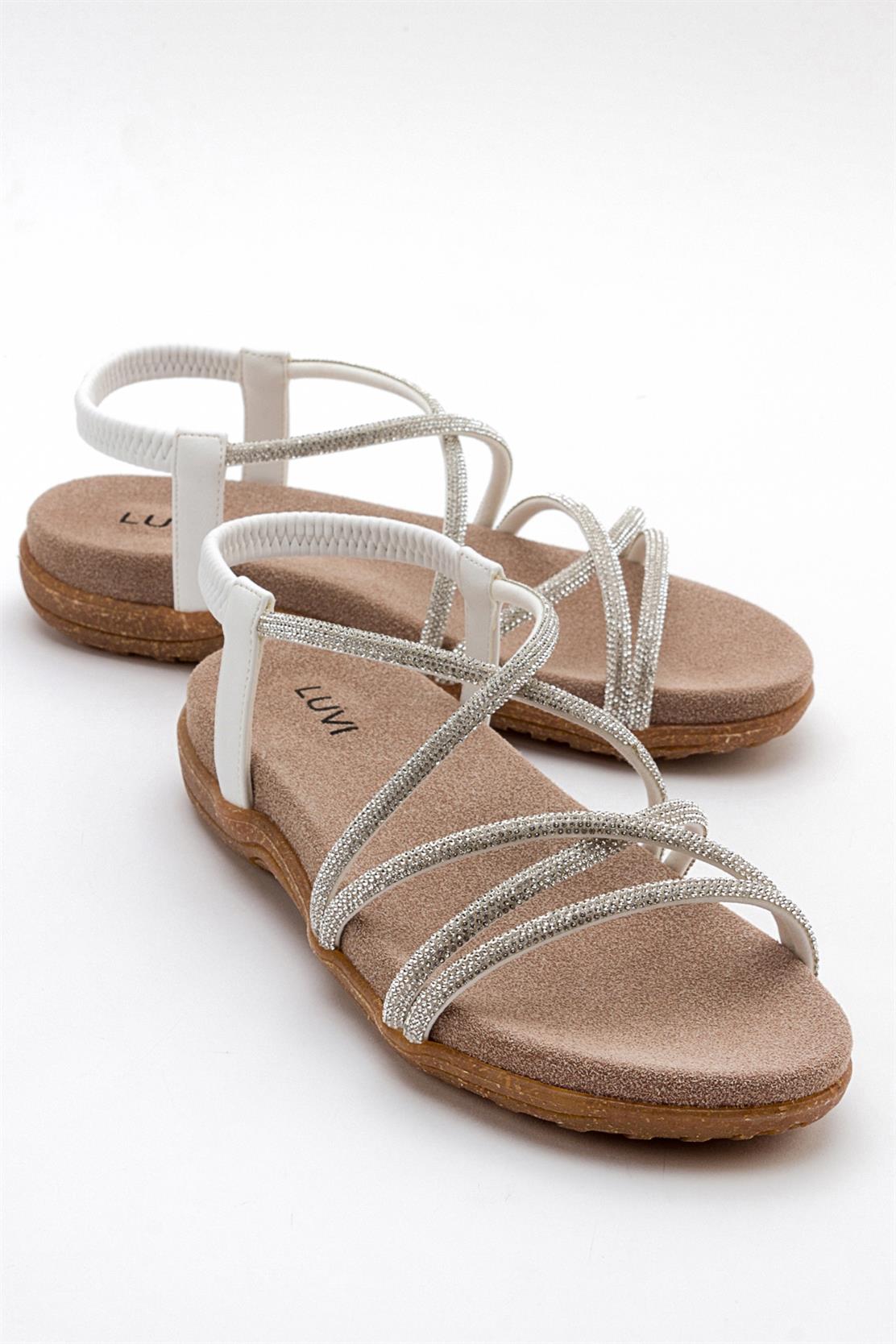 Ever White Embellished Sandal – front three-quarter view showing leather, white, Vowalisse