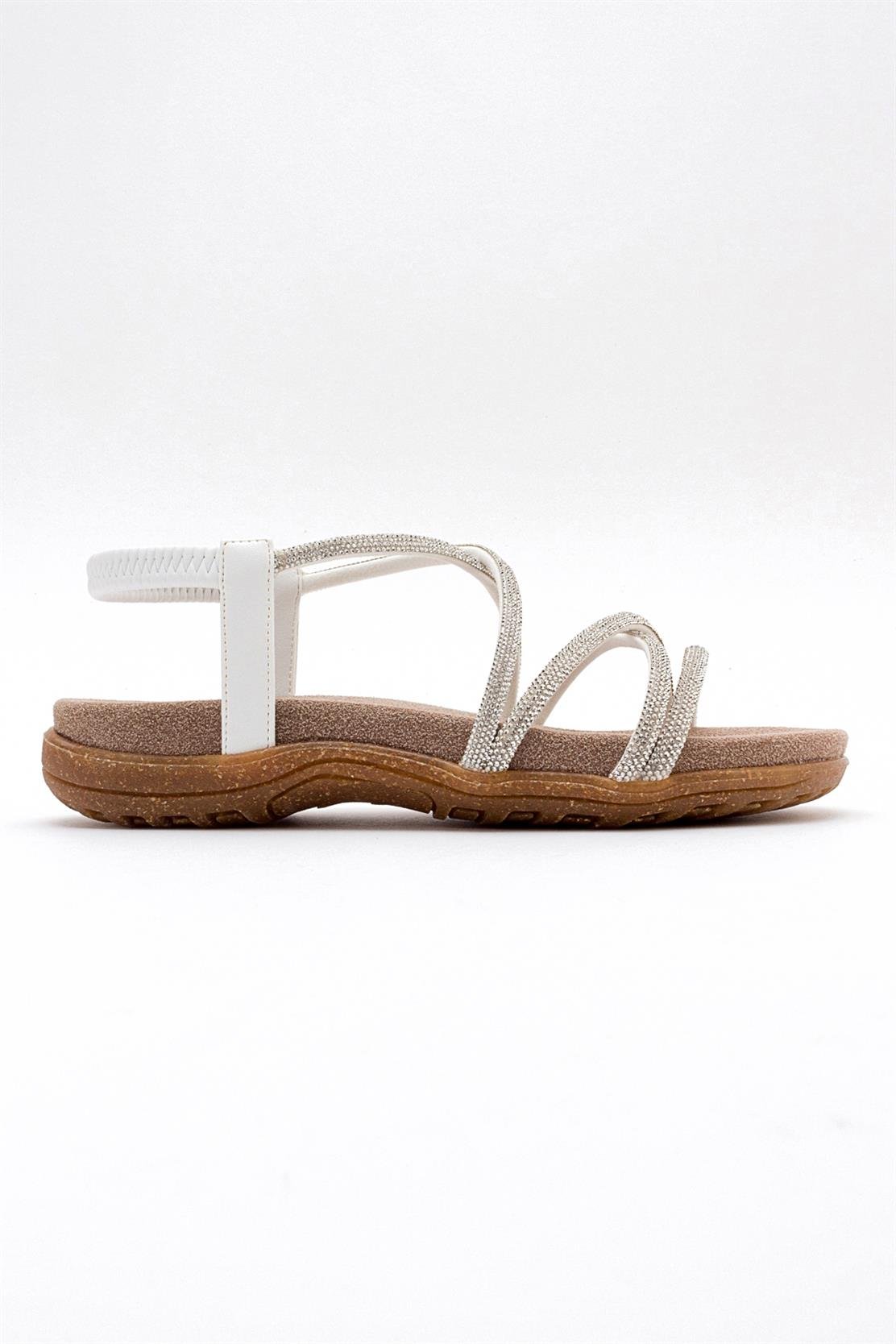 Ever White Embellished Sandal – top view showing leather, white, Vowalisse