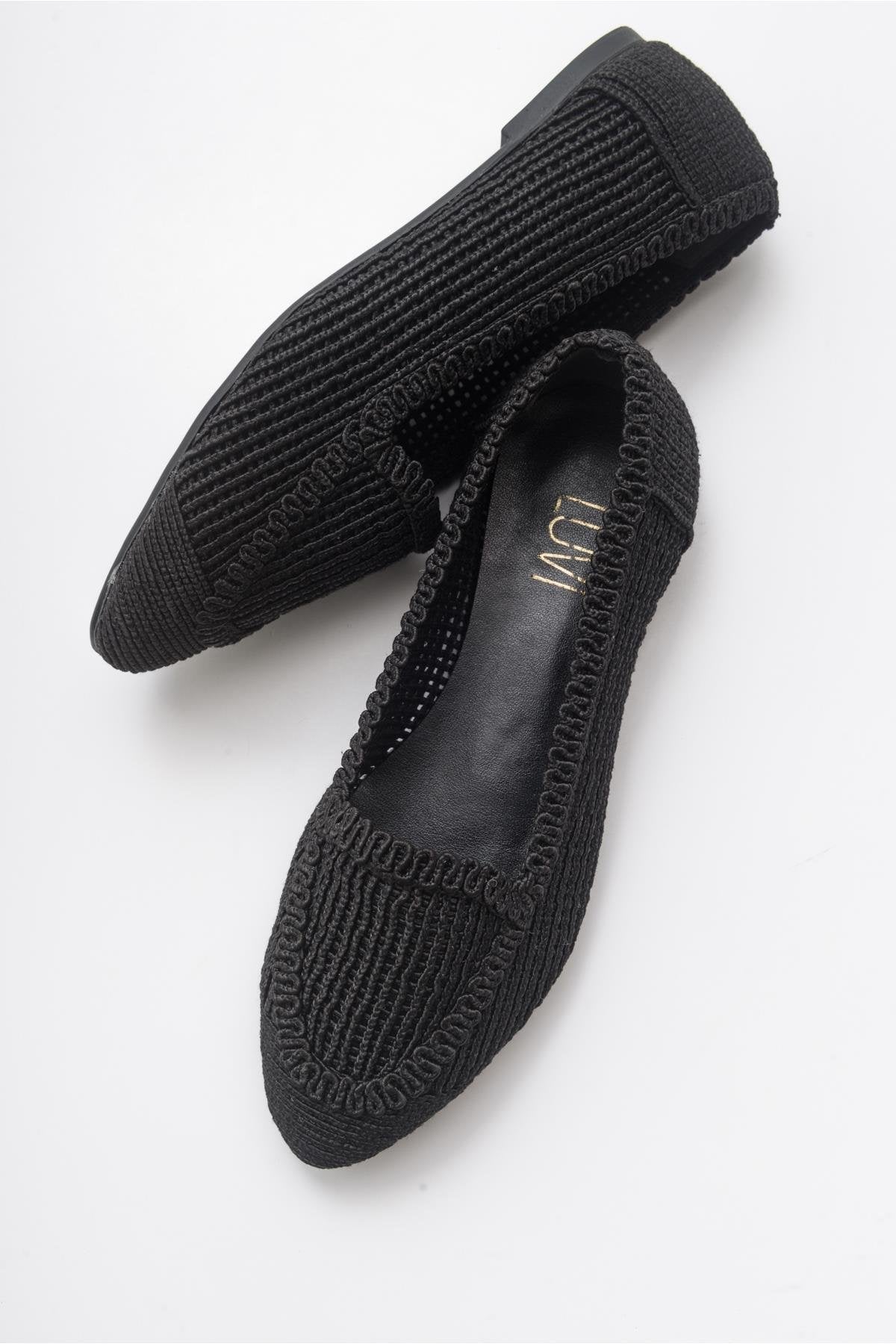 Mira Black Knit Ballet Flat – heel view showing leather, black, Vowalisse