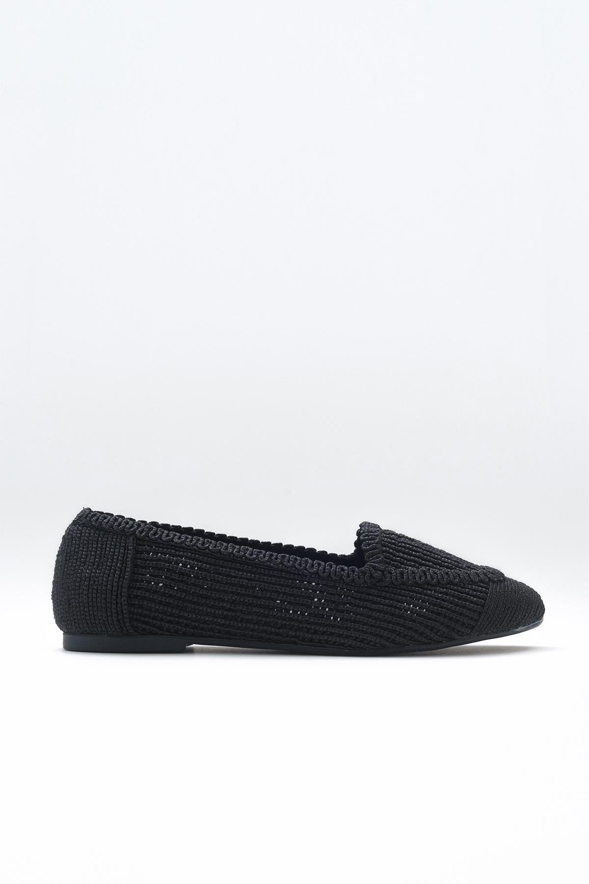 Mira Black Knit Ballet Flat – top view showing leather, black, Vowalisse