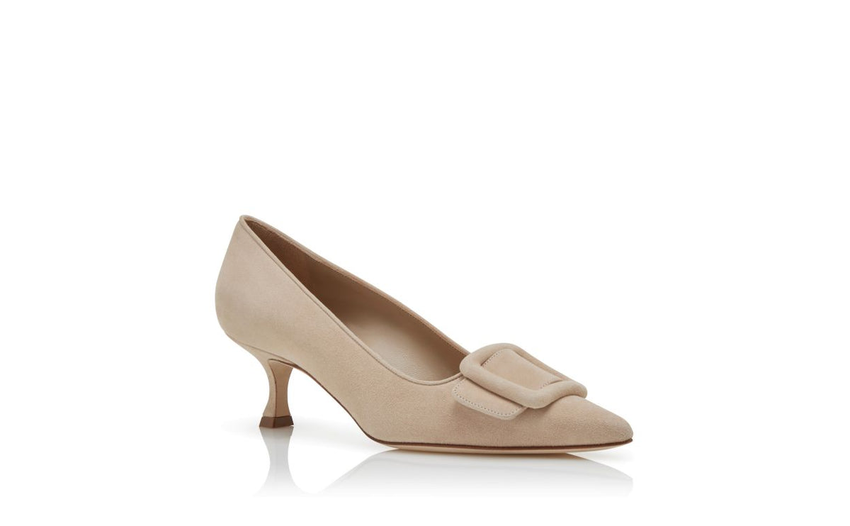 Isadora Bloom Neutral Pointed Toe Pumps – top view showing neutral pointed toe, suede, Vowalisse