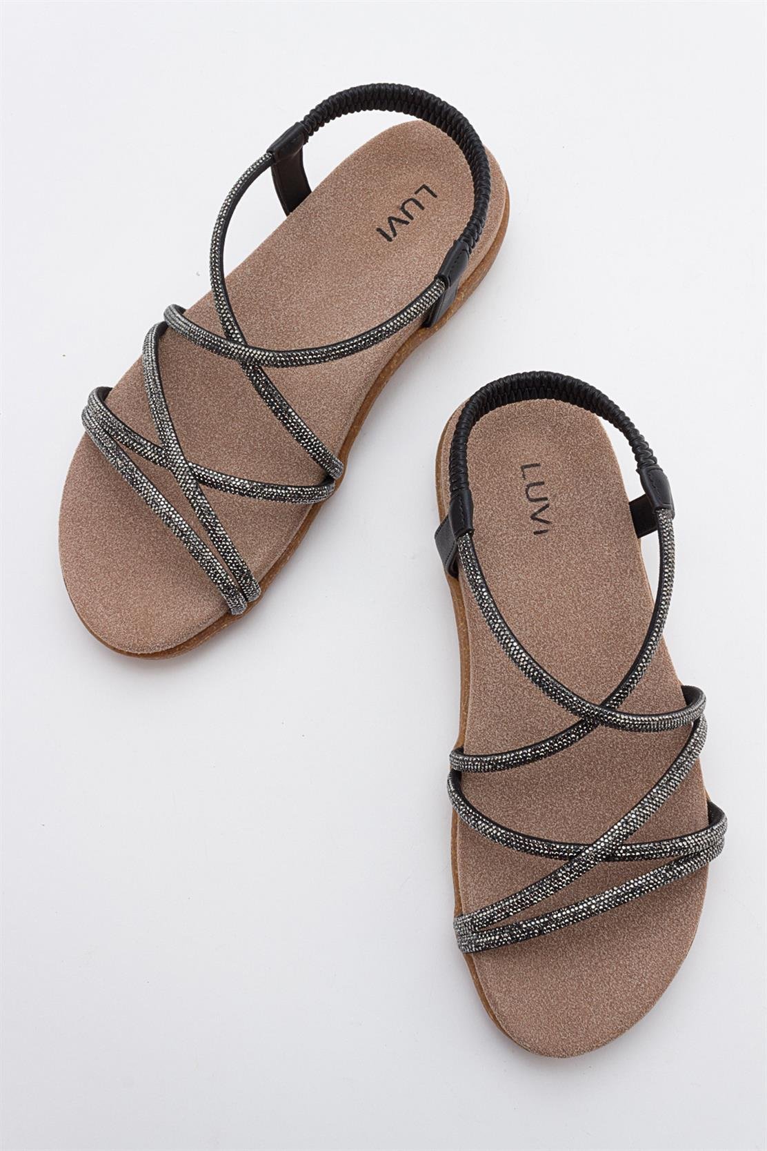 Ever Black Embellished Sandal – side view showing leather, black, Vowalisse
