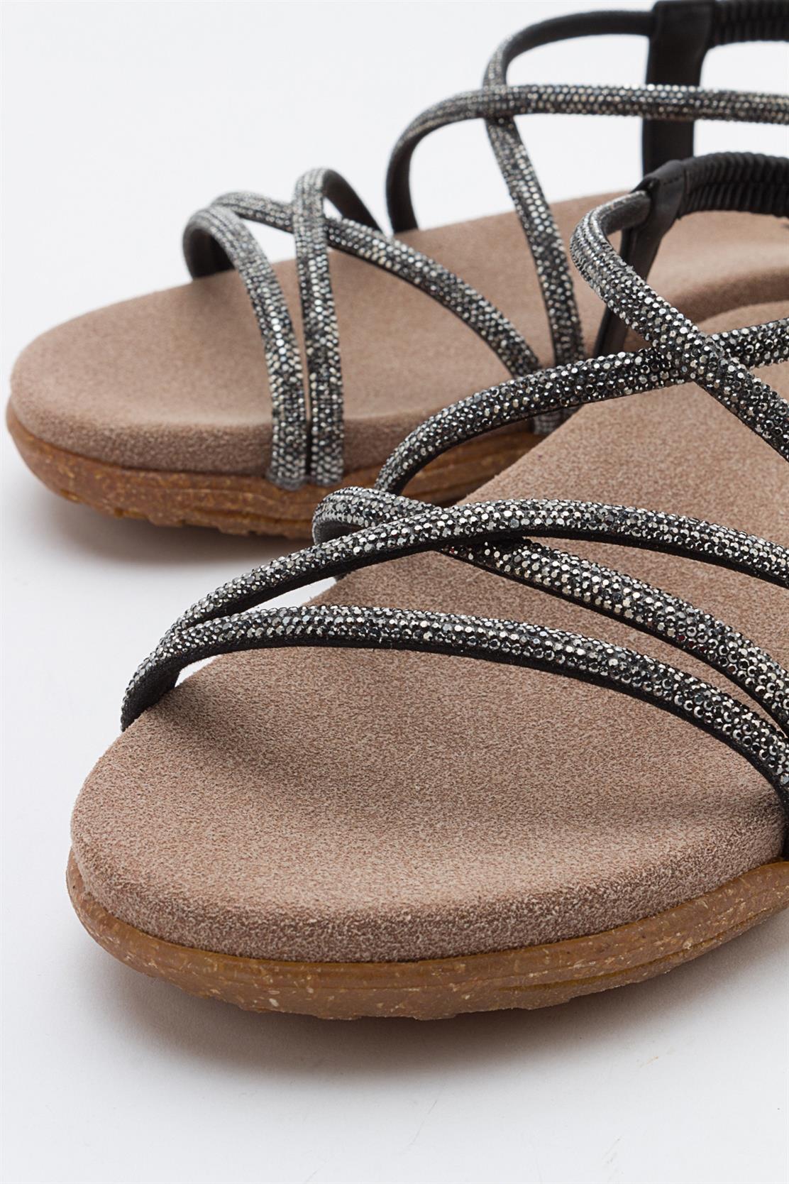 Ever Black Embellished Sandal – detail view showing leather, black, Vowalisse
