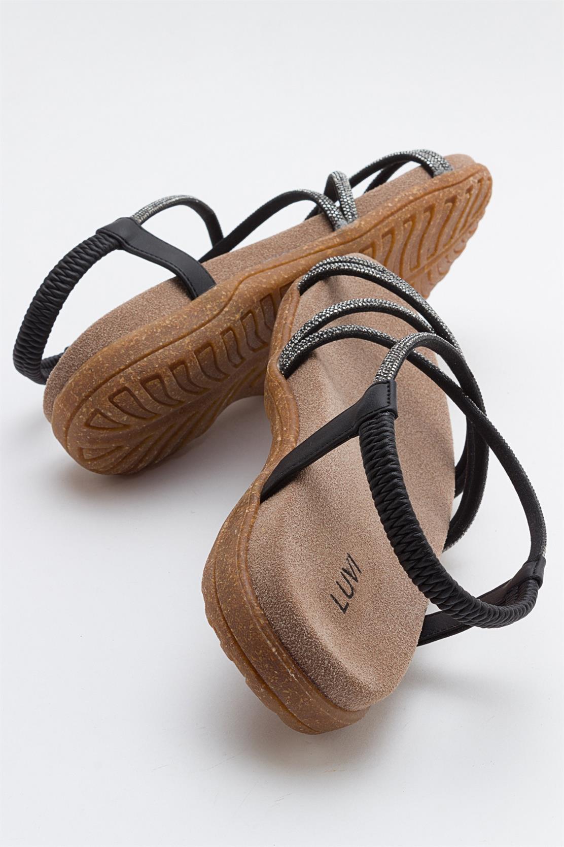 Ever Black Embellished Sandal – heel view showing leather, black, Vowalisse
