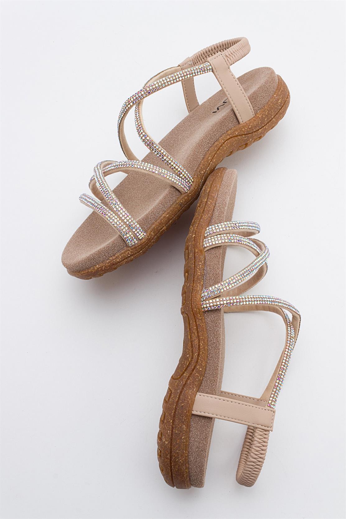 Ever Beige Embellished Sandal – detail view showing leather, Vowalisse