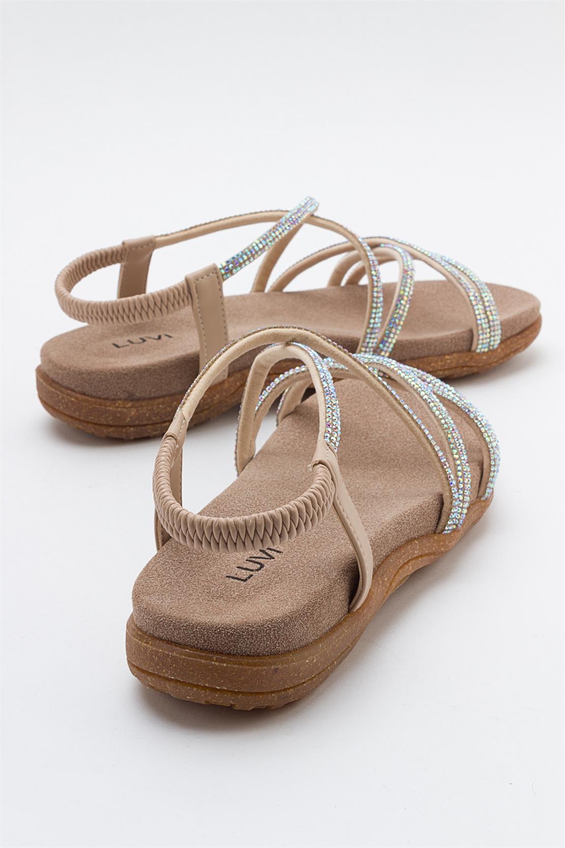 Ever Beige Embellished Sandal – heel view showing leather, Vowalisse