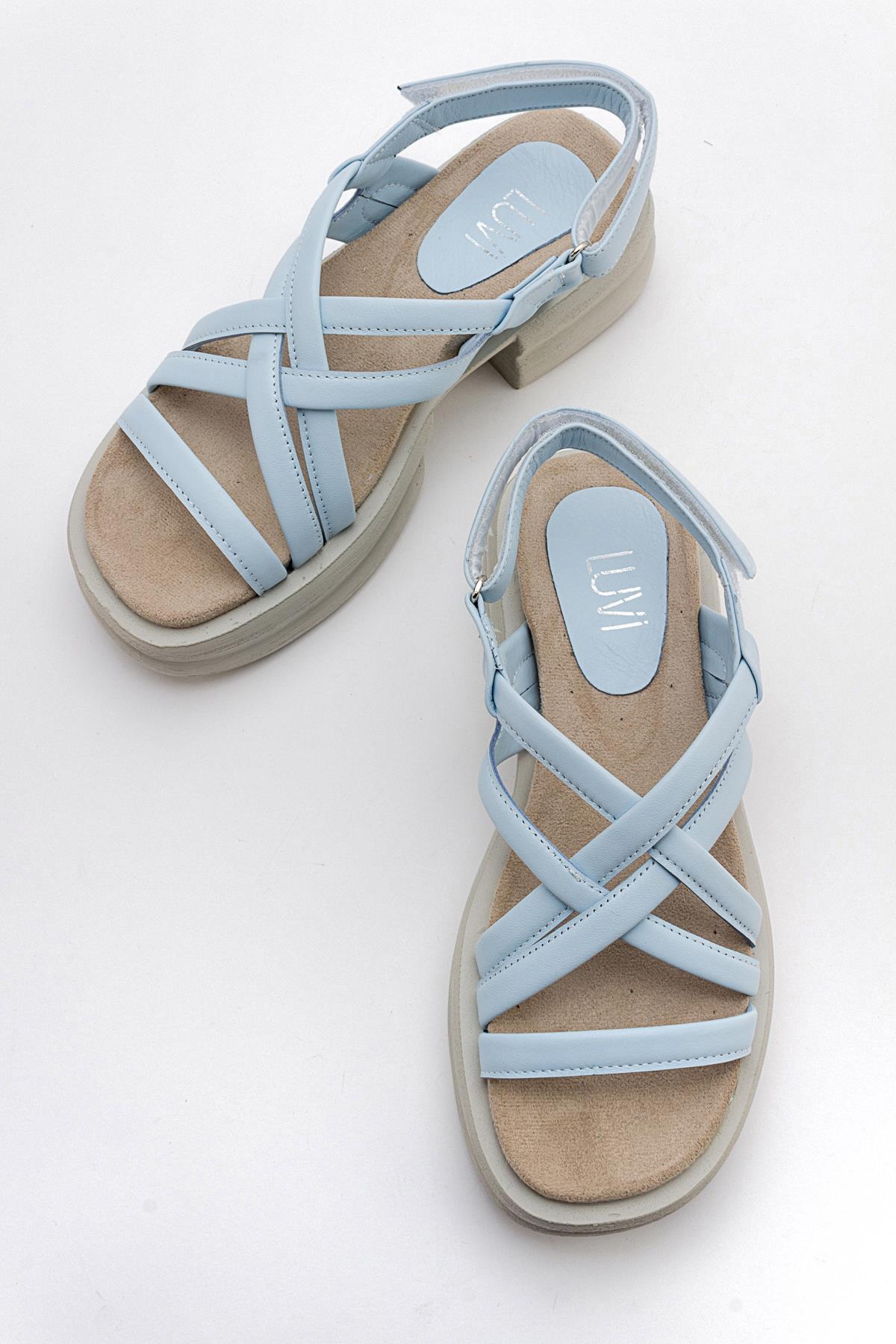 Senza - Baby Blue Genuine Leather Sandal – heel view showing leather, blue, Vowalisse