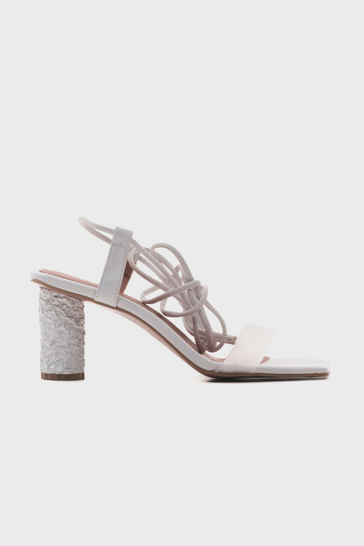 Rhea White Block Heel Sandal – top view showing leather, white, Vowalisse