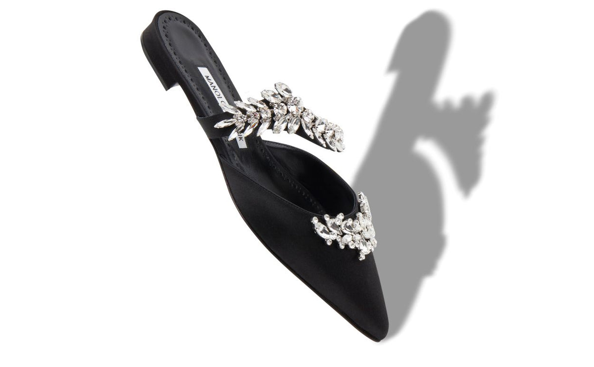 Delphine Flame Black Crystal Embellished Mules – front three-quarter view showing black crystal embellished, satin…