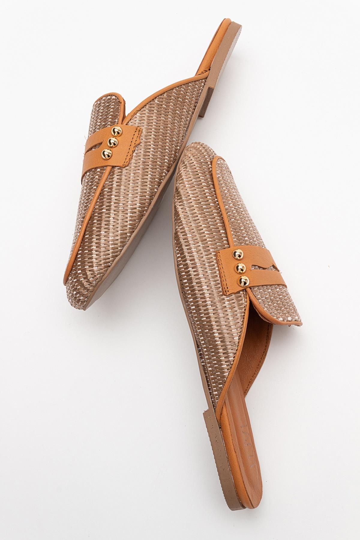 Patrizia - Brown Leather Mule – detail view showing leather, Vowalisse