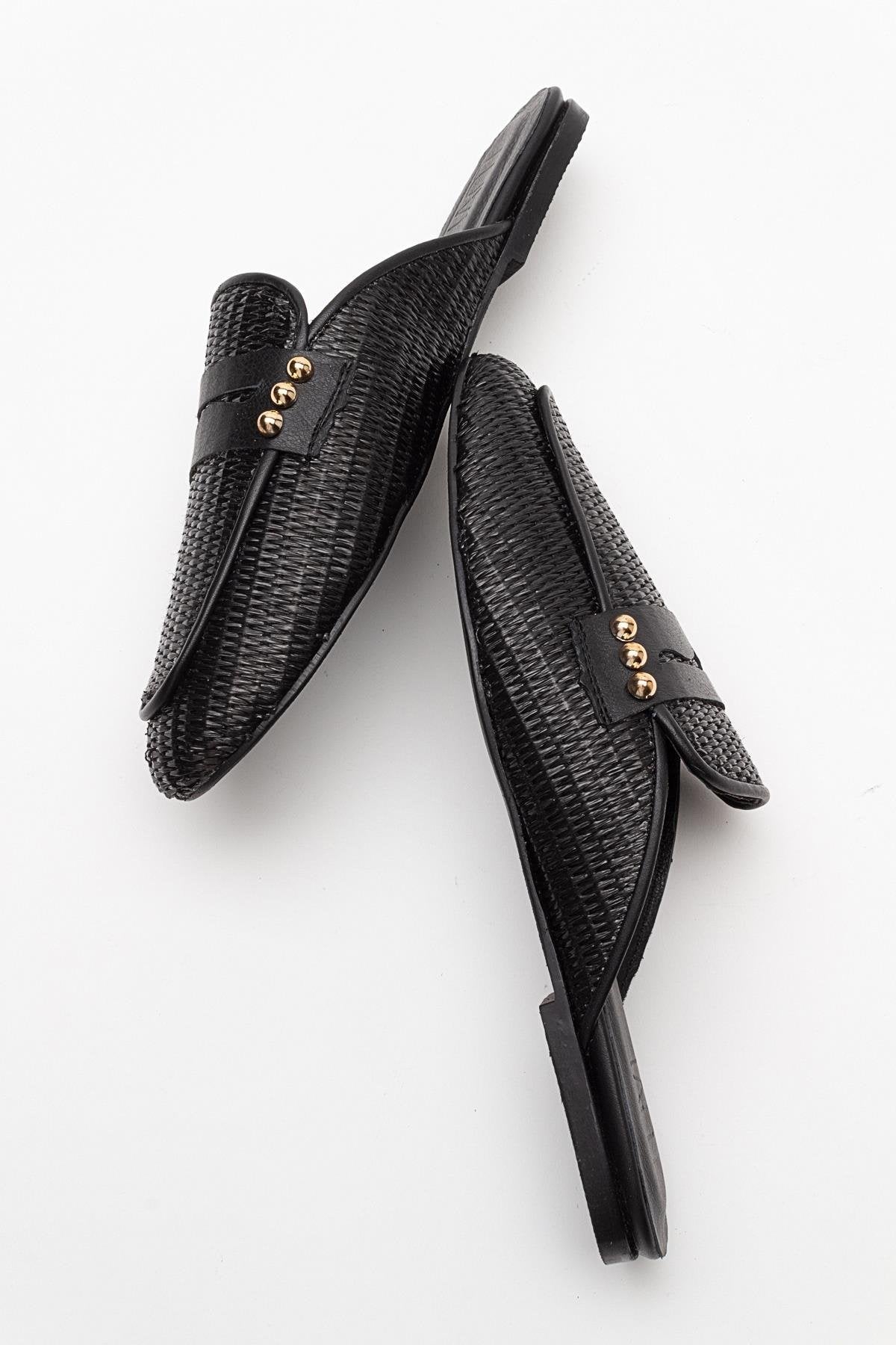Patrizia - Black Leather Mule – detail view showing leather, black, Vowalisse