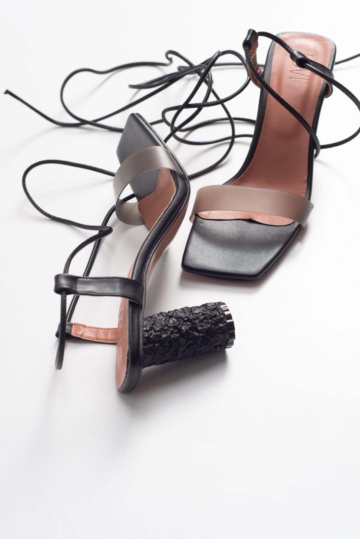 Rhea Black Block Heel Sandal – detail view showing leather, black, Vowalisse