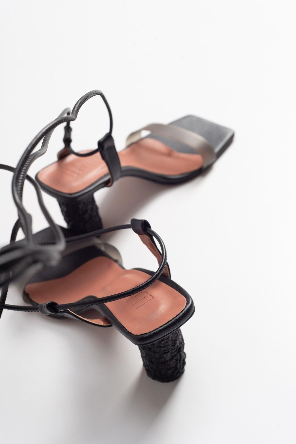 Rhea Black Block Heel Sandal – back view showing leather, black, Vowalisse