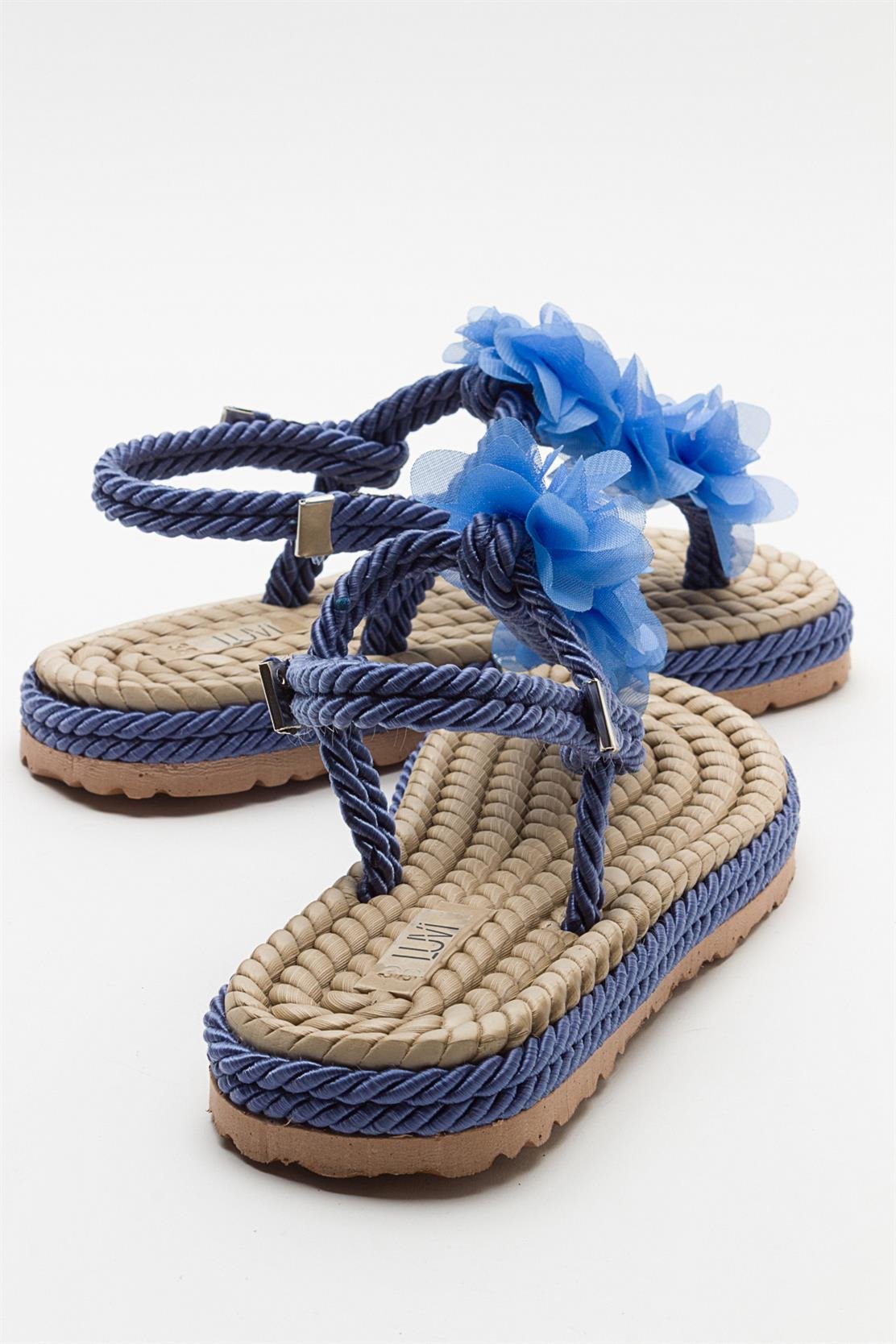 SANTRA Navy Lace-Up Thong Sandals – detail view showing lace, leather, Vowalisse