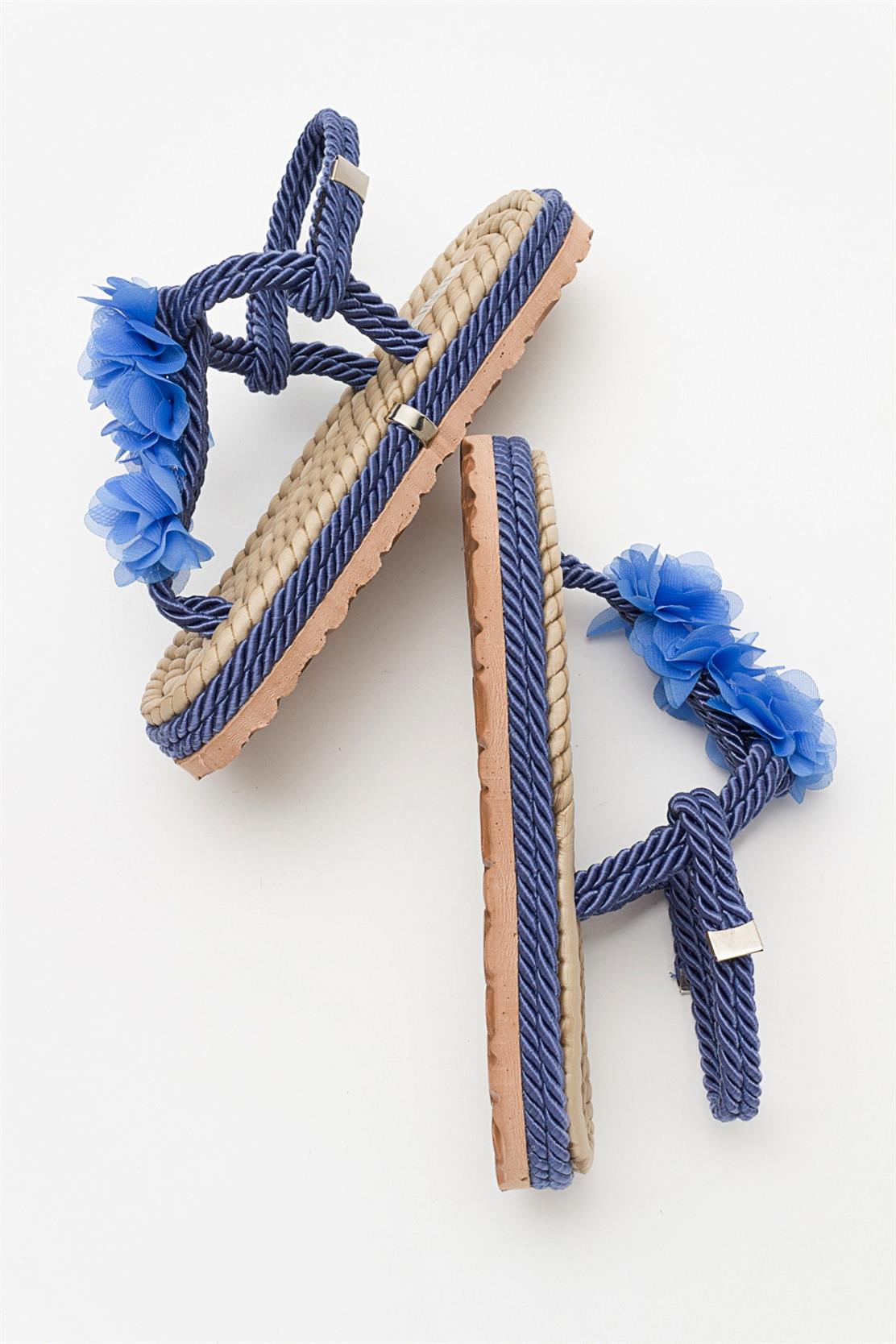 SANTRA Navy Lace-Up Thong Sandals – heel view showing lace, leather, Vowalisse