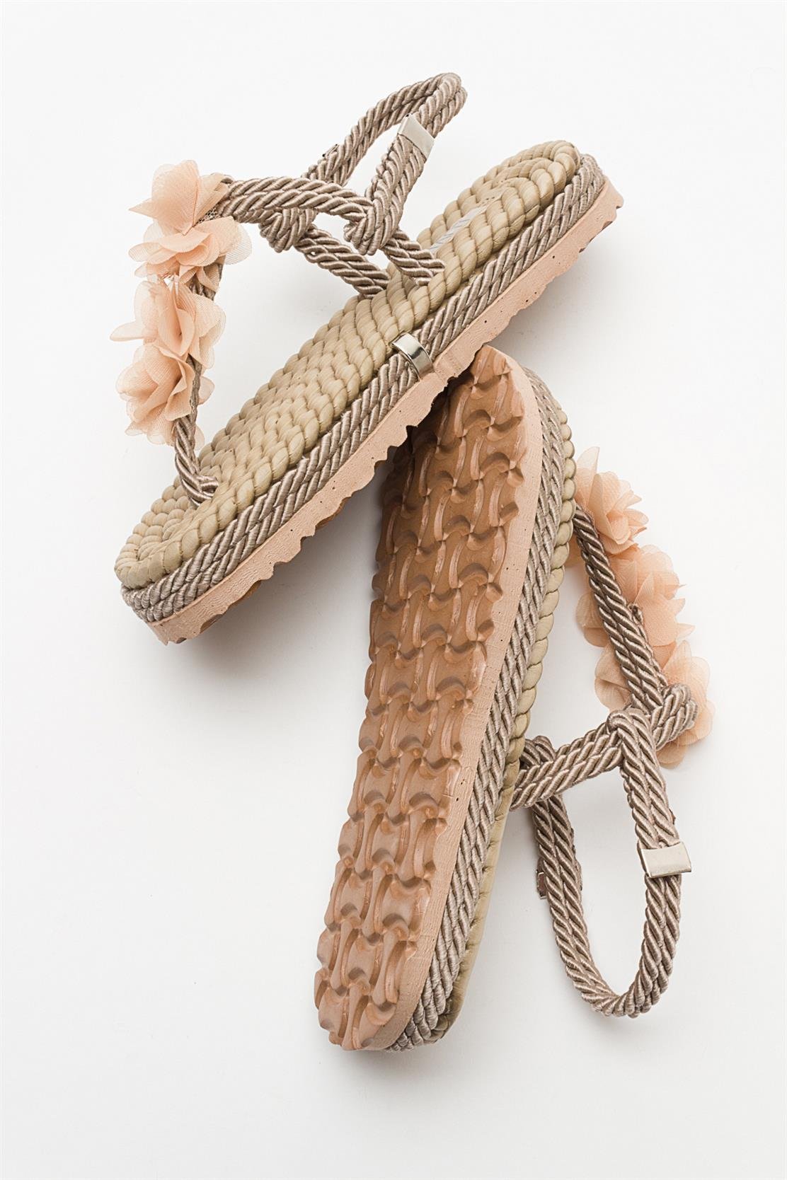 SANTRA Dark Beige Lace-Up Thong Sandals – detail view showing lace, leather, Vowalisse