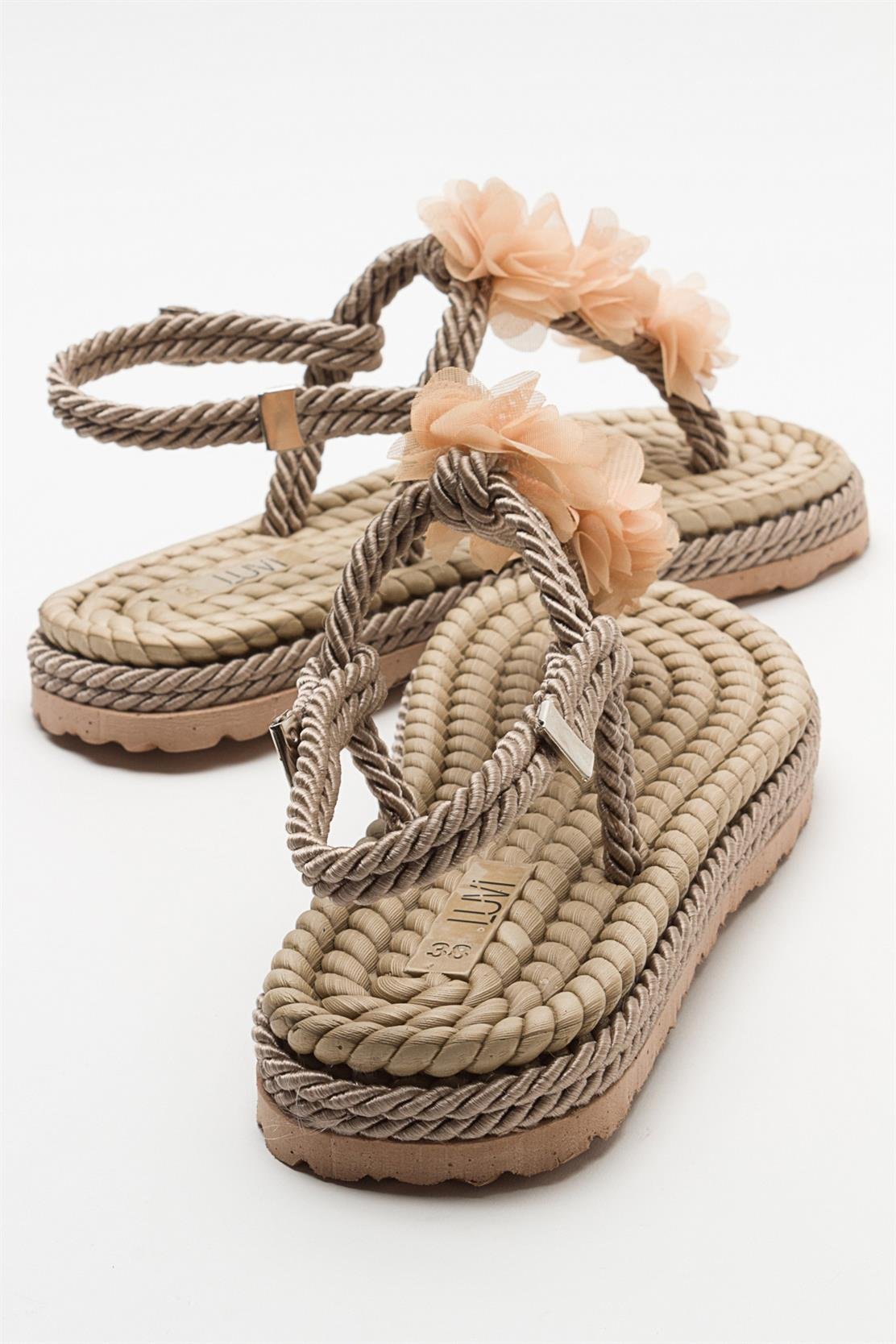 SANTRA Dark Beige Lace-Up Thong Sandals – heel view showing lace, leather, Vowalisse