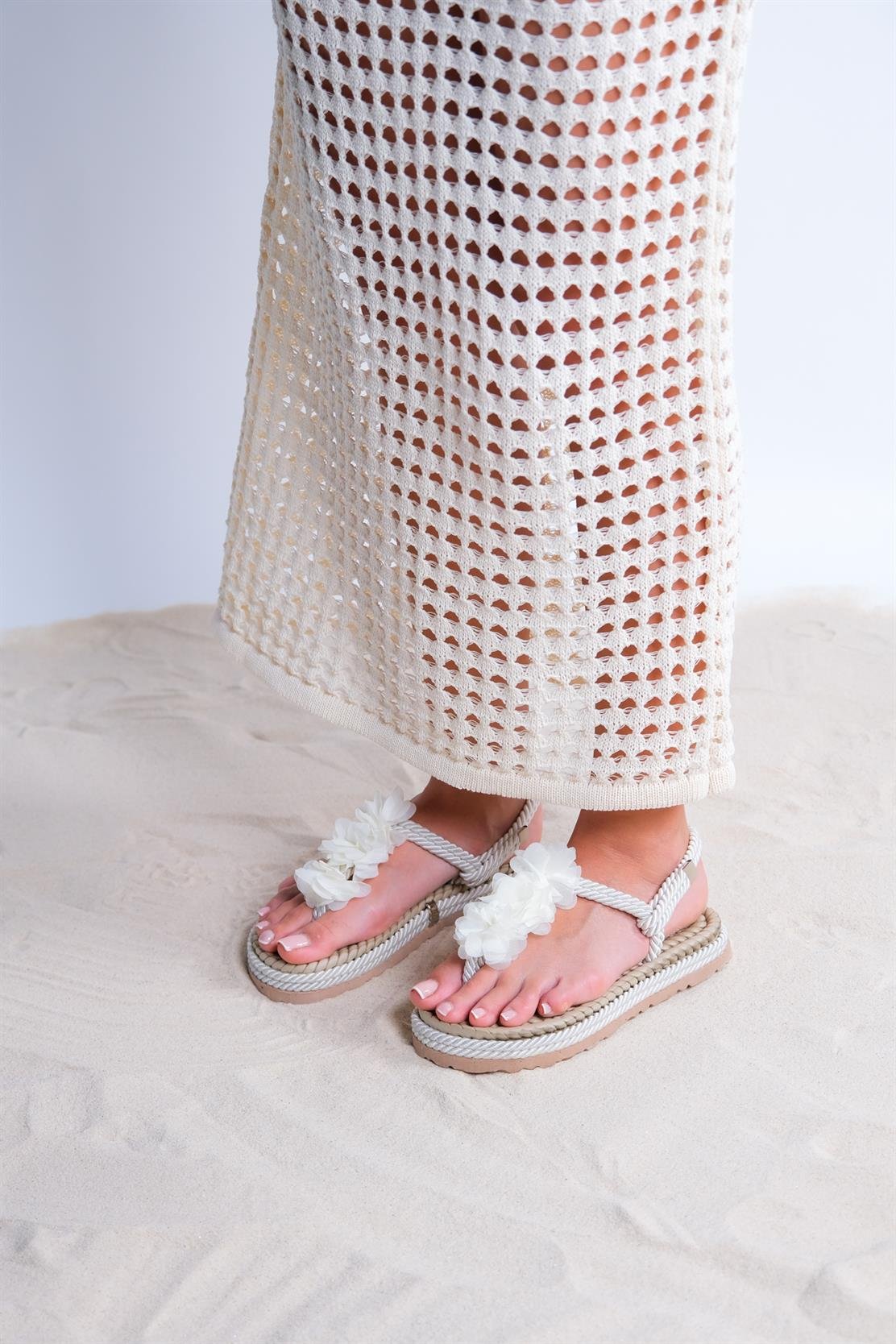 SANTRA Beige Lace-Up Thong Sandals – side view showing lace, leather, Vowalisse
