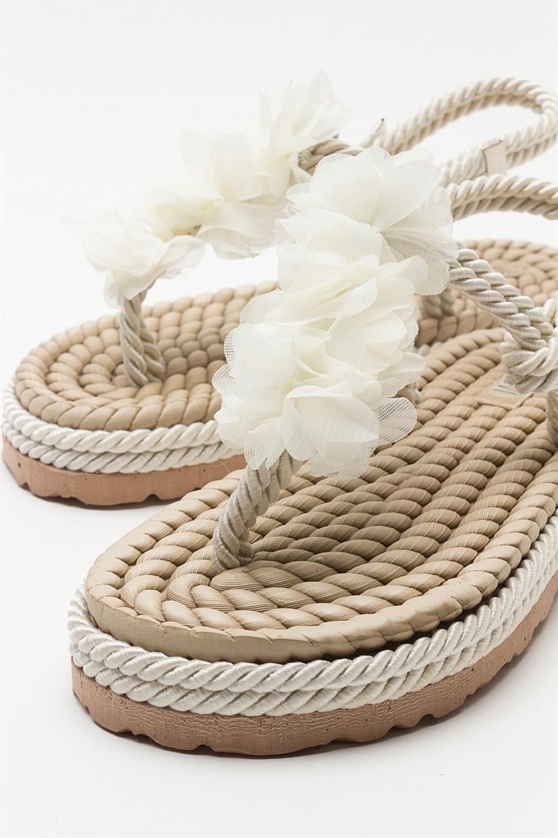 SANTRA Beige Lace-Up Thong Sandals – heel view showing lace, leather, Vowalisse