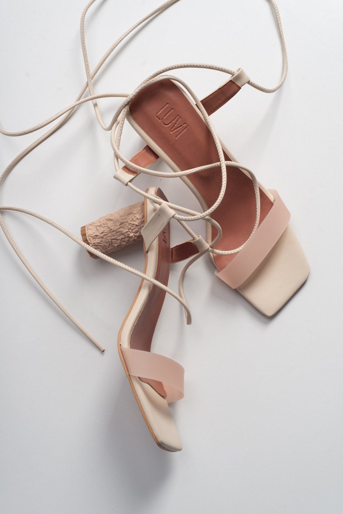 Rhea Beige Block Heel Sandal – front three-quarter view showing leather, Vowalisse