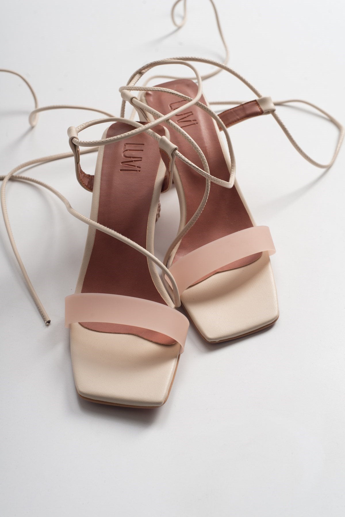 Rhea Beige Block Heel Sandal – side view showing leather, Vowalisse