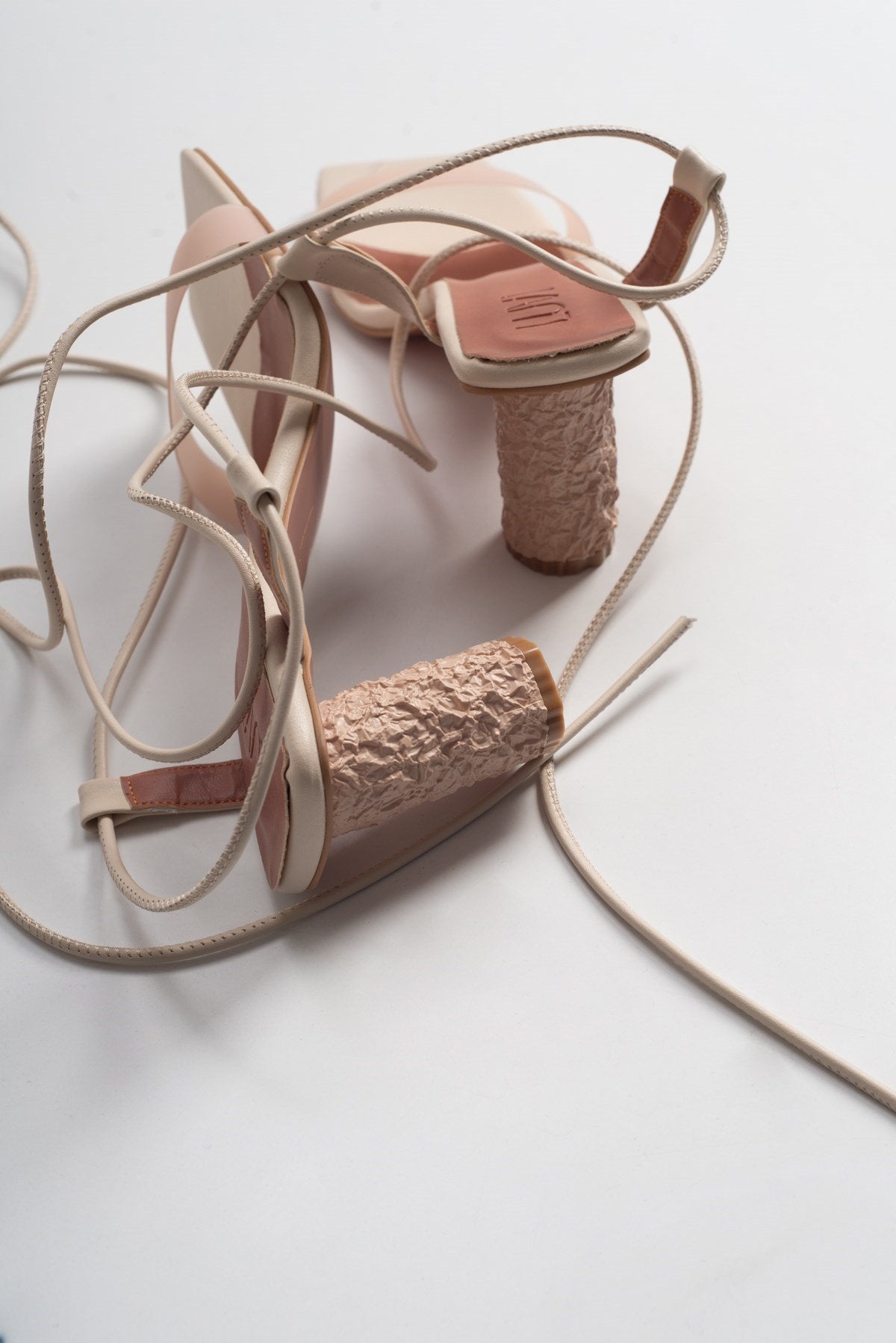 Rhea Beige Block Heel Sandal – detail view showing leather, Vowalisse