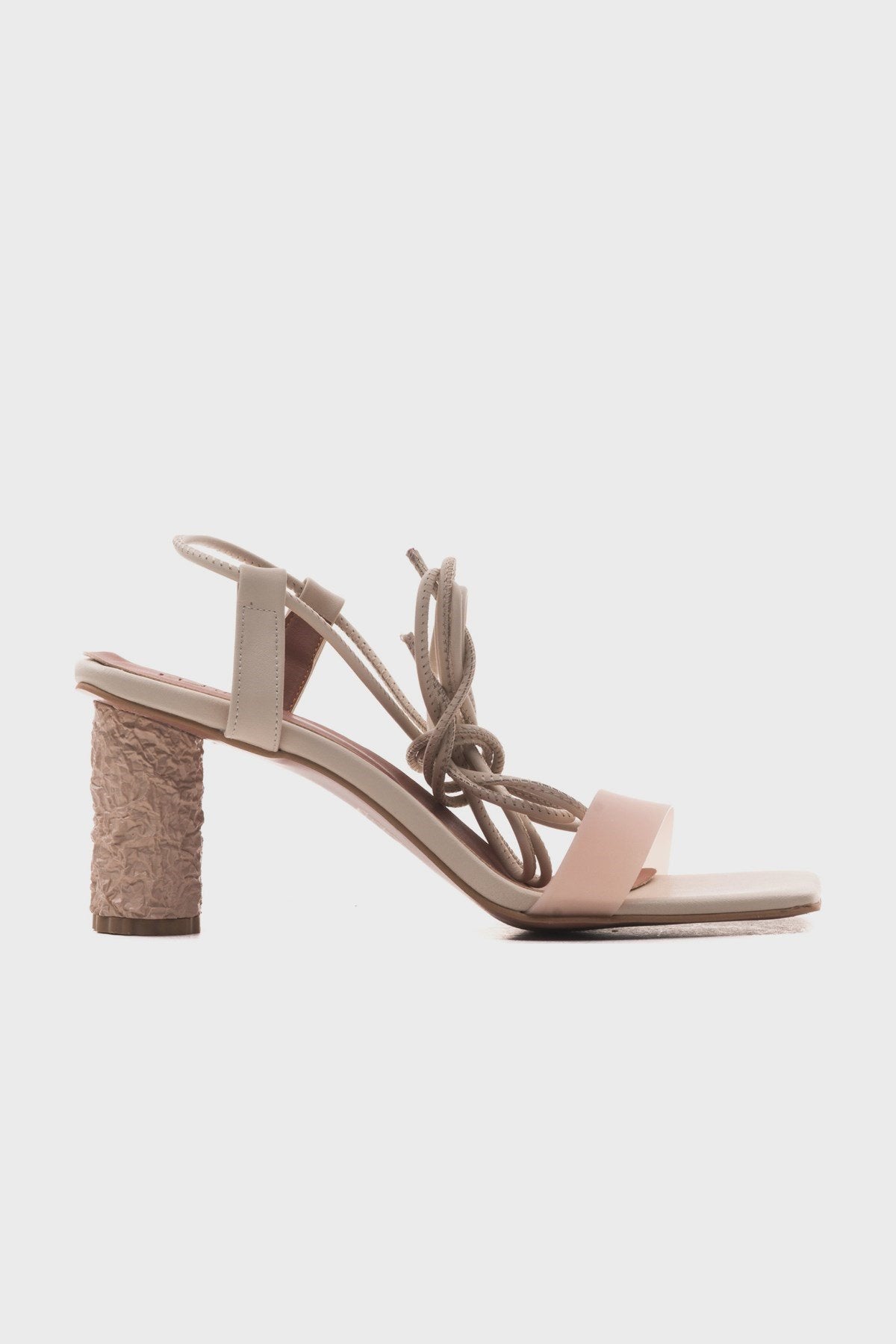 Rhea Beige Block Heel Sandal – back view showing leather, Vowalisse