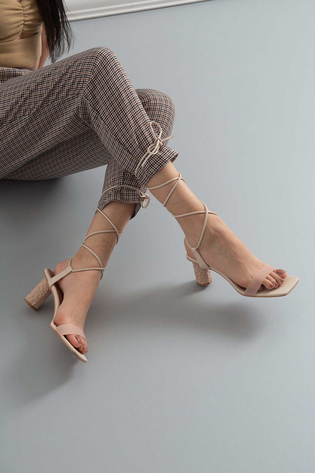 Rhea Beige Block Heel Sandal – pair view showing leather, Vowalisse