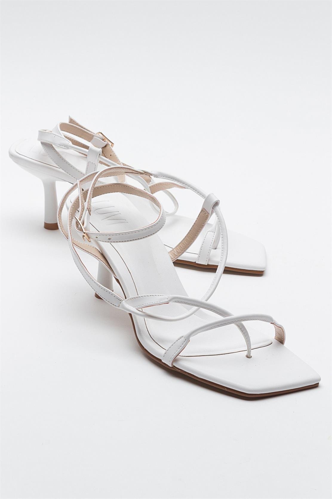 Mias - White Heeled Sandal – back view showing leather, white, Vowalisse