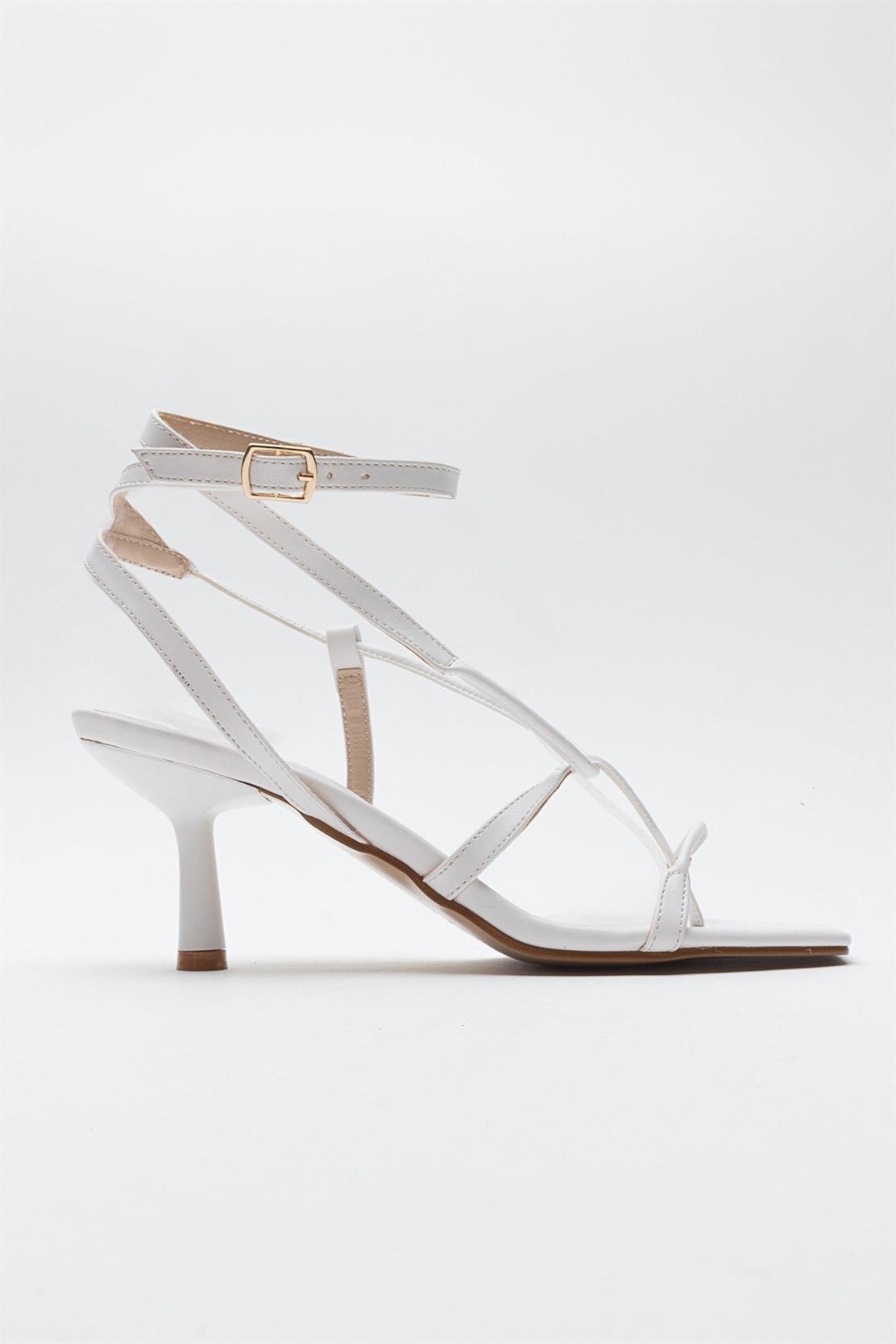 Mias - White Heeled Sandal – top view showing leather, white, Vowalisse