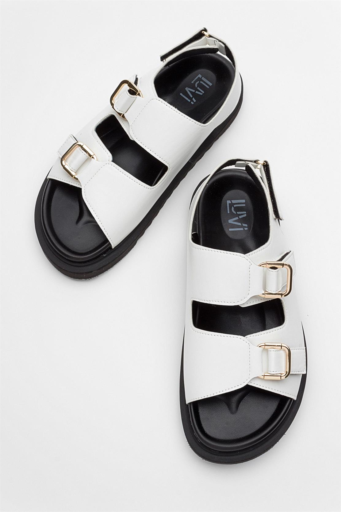 Hermosa - White Sandal – side view showing leather, white, Vowalisse