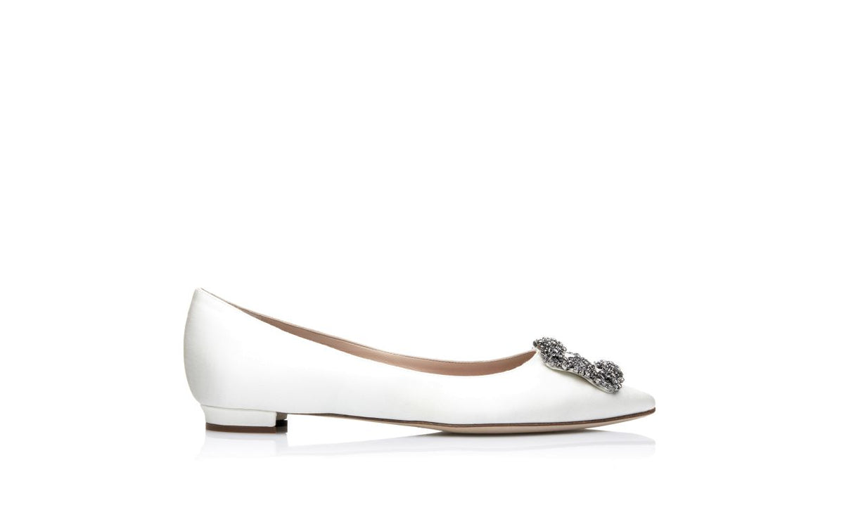 Clarisse Bloom White Jewel Buckle Pumps – side profile showing white jewel buckle, crystal buckle, almond toe, satin…
