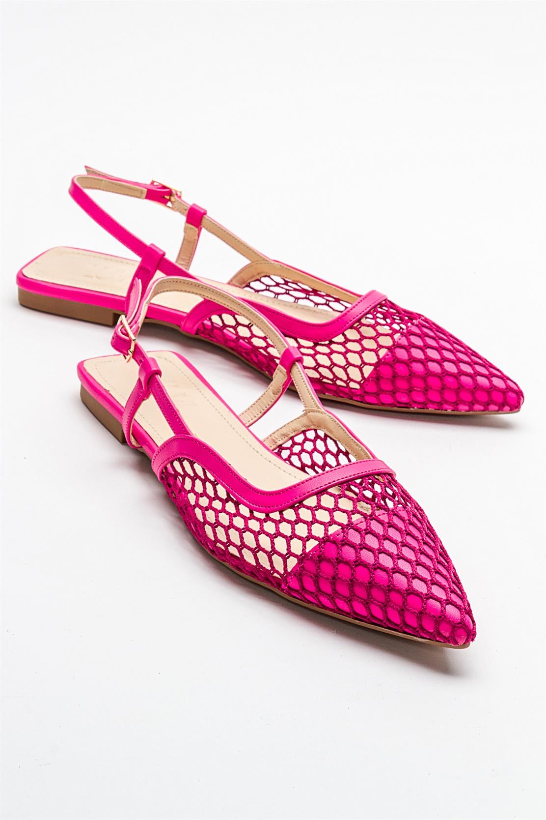 Brace Fuchsia Mesh Flat Sandal – front three-quarter view showing leather, mesh, Vowalisse