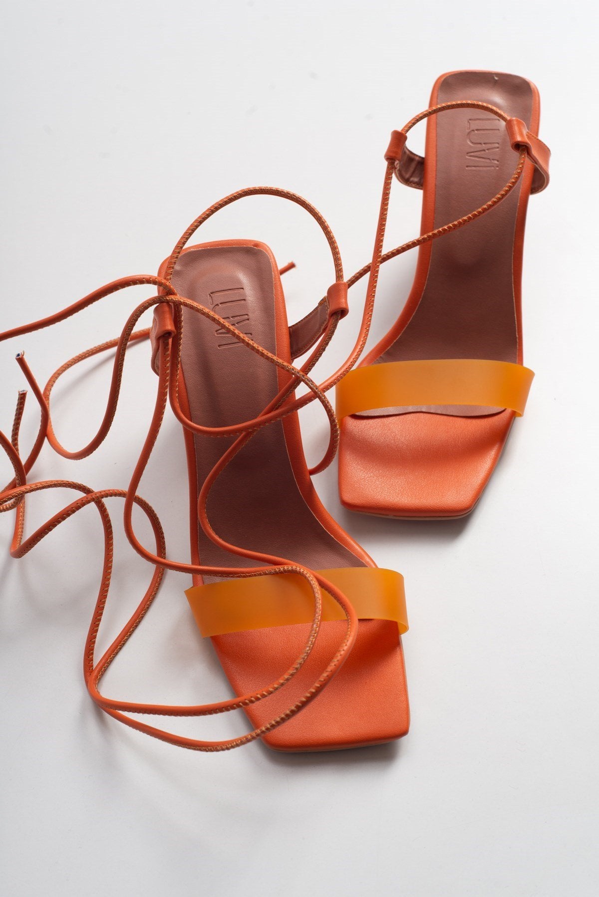 Rhea Orange Block Heel Sandal – side view showing leather, Vowalisse