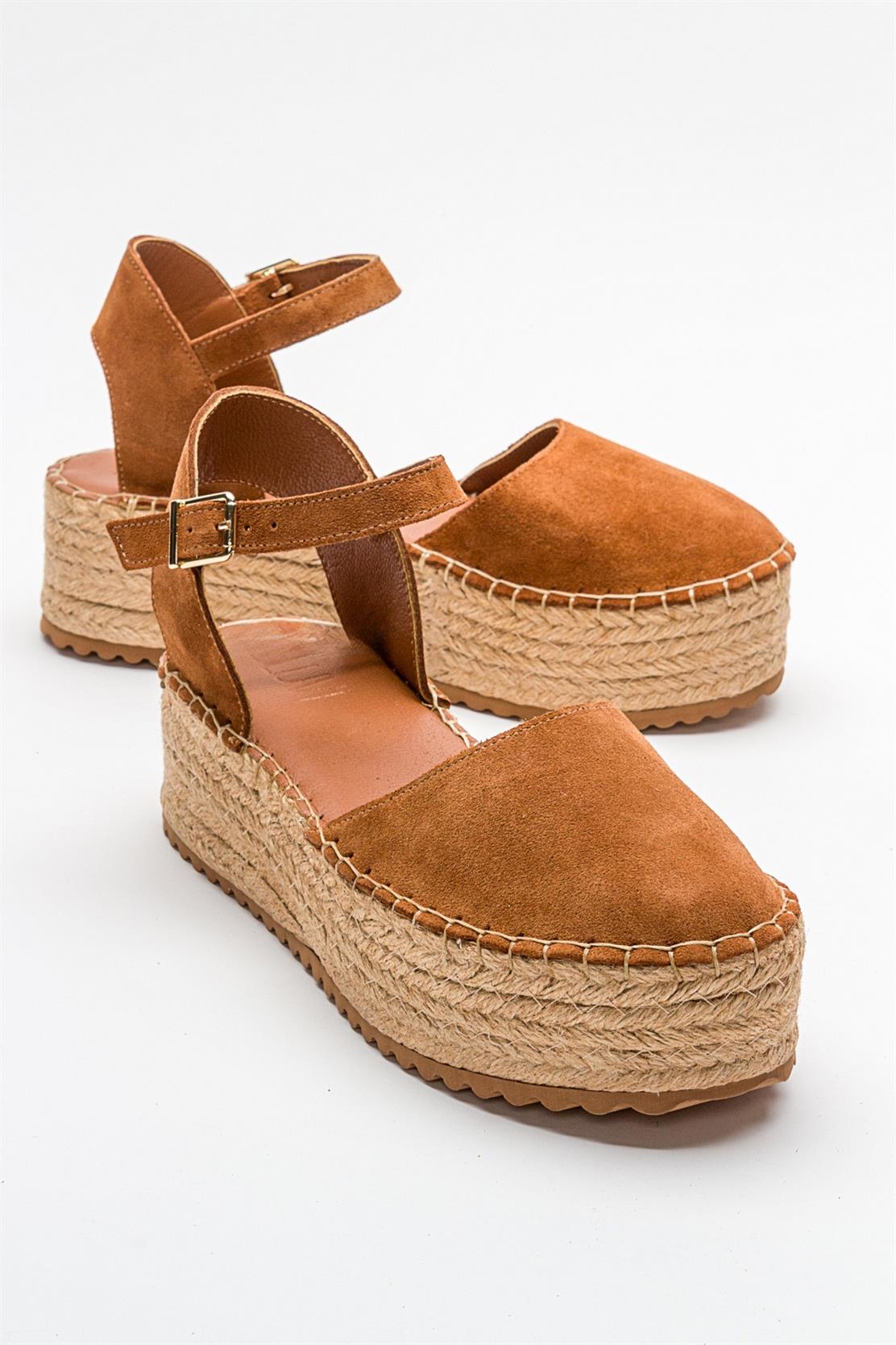 Viba - Cognac Brown Suede Leather Espadrilles – front three-quarter view showing leather, suede, red, Vowalisse