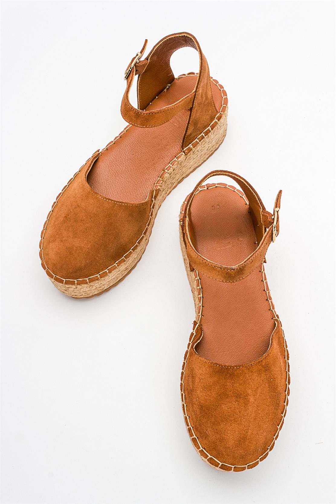 Viba - Cognac Brown Suede Leather Espadrilles – detail view showing leather, suede, red, Vowalisse