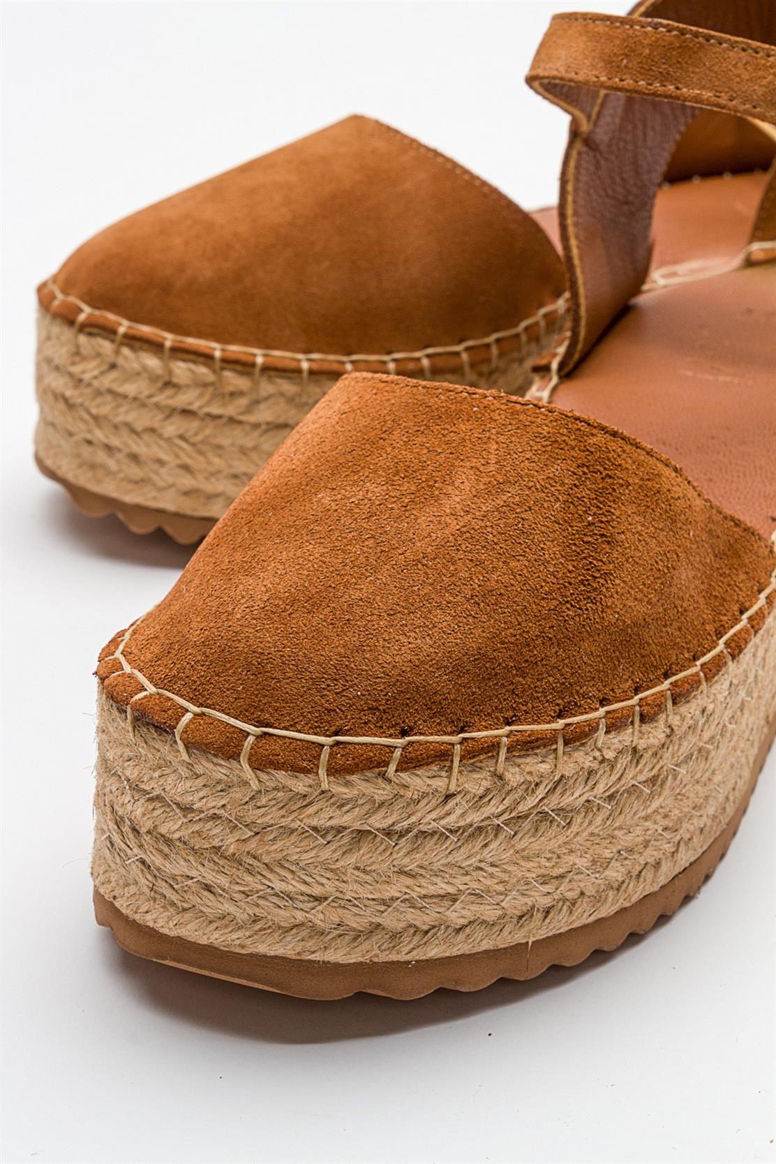 Viba - Cognac Brown Suede Leather Espadrilles – back view showing leather, suede, red, Vowalisse