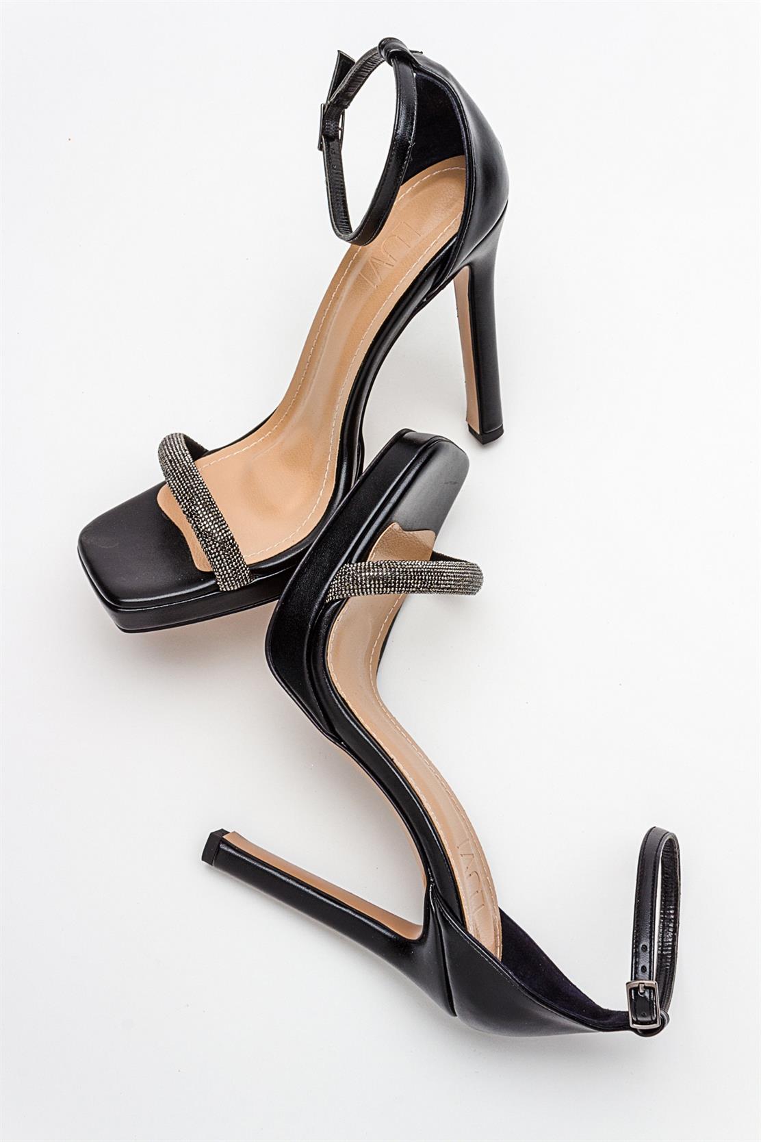 Unos - Black Stone-Embellished Single-Strap High-Heel Evening Shoe – side view showing leather, black, Vowalisse